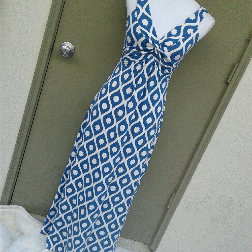 Boden Maxi Blue Geo dress Front Knot 4R